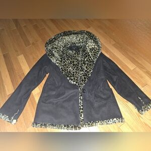 Jones New York Black Teddy Jacket Leopard Lining Looks Patched ADORABLE COLLAR!